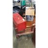 Image 1 : RED TOOL BOX WITH CONTENTS AND MITRE BOX WITH SAW
