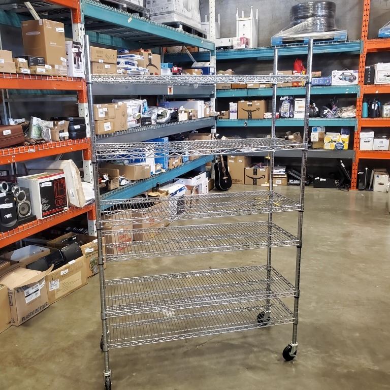 CHROME WIRE ROLLING RACK, 6 SHELF, 48