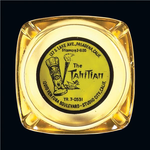 VINTAGE GLASS COMMERCIAL TIKI ASHTRAY - THE TAHITIAN LOS ANGELES, CA.