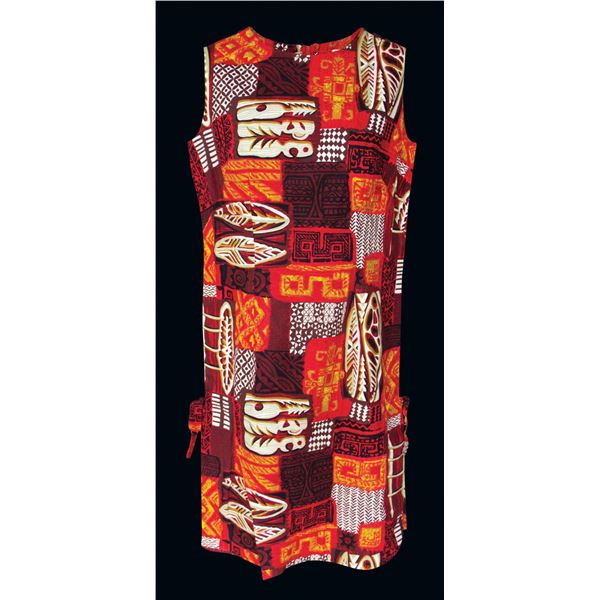 MOD HAWAIIAN SHORT ORANGE & BROWN TIKI MOTIF DRESS.