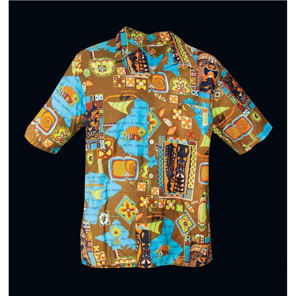 MOD HAWAIIAN BROWN & BLUE NAUTICAL TIKI MOTIF MEN'S SHIRT.