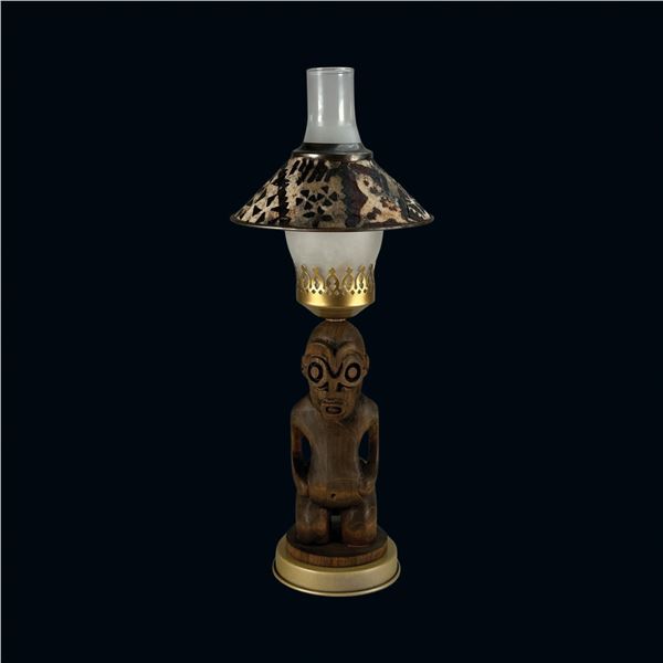 OCEANIC ARTS MARQUESAN FIGURAL TIKI TABLE LAMP w/ TAPA SHADE.