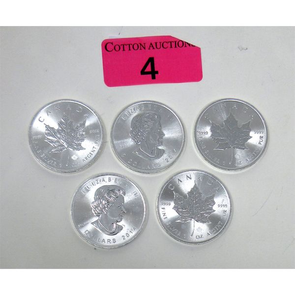 5 x 1 Oz .9999 Silver 2014 Maple Leaf Coins 