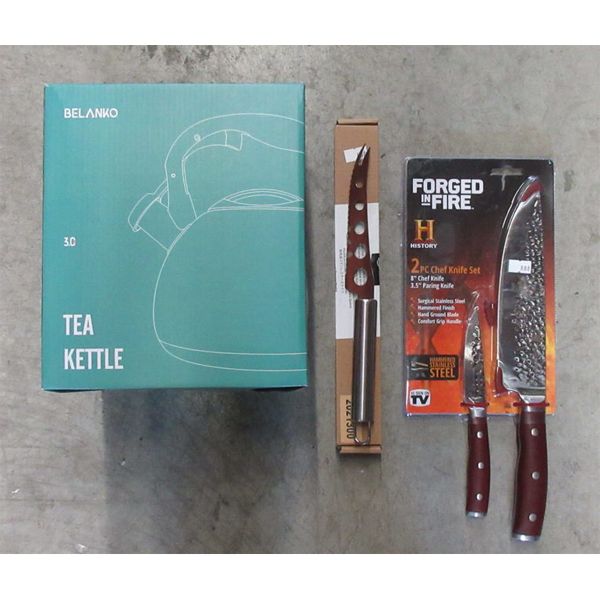 New Metal Tea Kettle, Cheese Knife & Knife Set