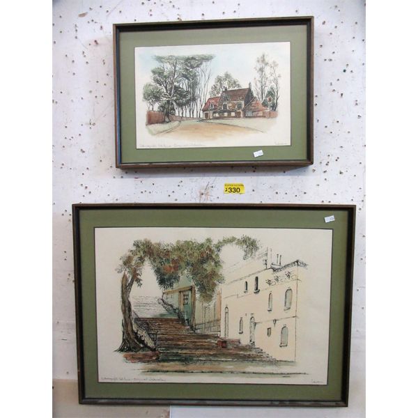 2 Original Stereograph Ink Lined Watercolours