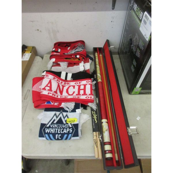 Pool Cue, Drum Sticks, Fan Scarves and Flags