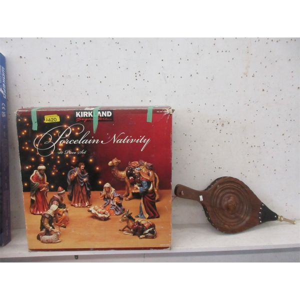 Wood Bellows & Porcelain Nativity Scene