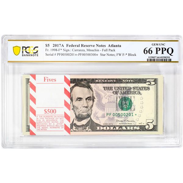 Pack of 2017A $5 Federal Reserve STAR Notes Atlanta Fr.1998-F* PCGS Gem UNC 66PPQ