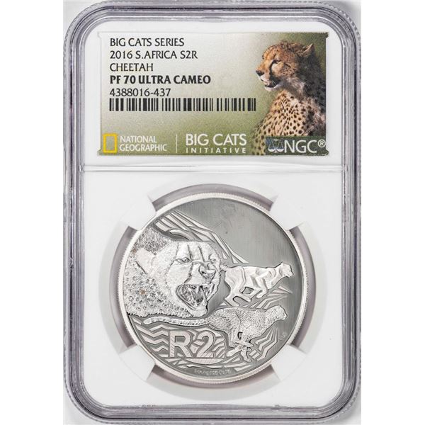 2016 S. Africa 2 Rands Cheetah Silver Coin NGC PF70 Ultra Cameo Nat Geo Big Cats Series