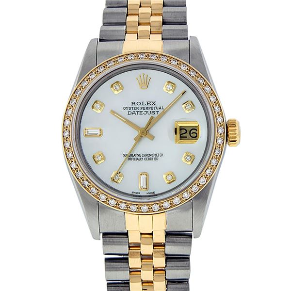 Rolex Mens Two Tone White Diamond Datejust Wristwatch