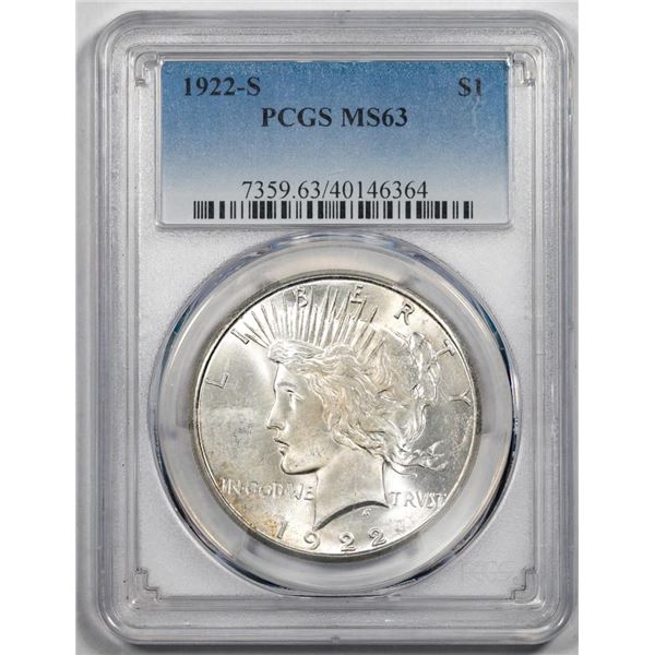 1922-S $1 Peace Silver Dollar Coin PCGS MS63
