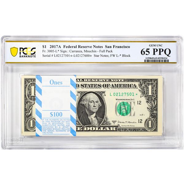 Pack of 2017A $1 Federal Reserve STAR Notes SF Fr.3005-L* PCGS Gem UNC 65PPQ