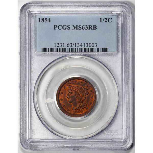 1854 Braided Hair Half Cent Coin PCGS MS63RB