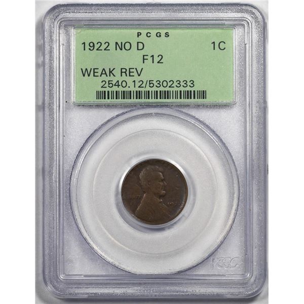 1922 No D Weak Reverse Lincoln Wheat Cent Coin PCGS F12BN Old Green Holder