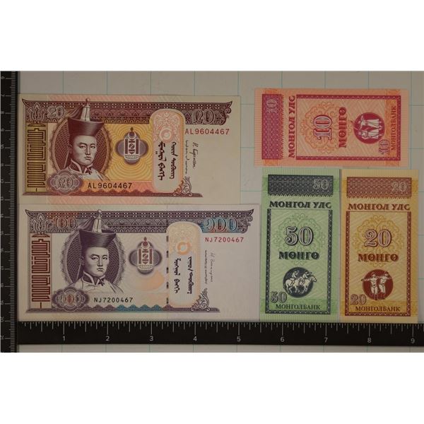 5 MONGOLIAN CRISP UNC BILLS: 10, 20 & 50 MONGO AND
