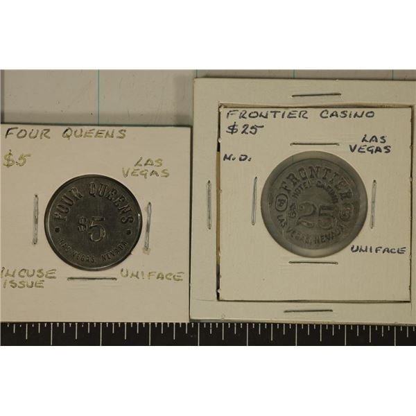2 VINTAGE METAL 1/4 SIZED CASINO GAMING TOKENS: