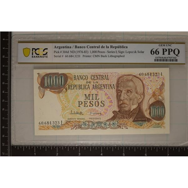 ARGENTINA 1000 PESO CRISP UNC BILL PCGS 66PPQ