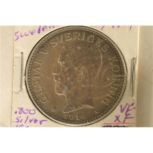 1914 SWEDEN SILVER 2 KRONER .3858 OZ. ASW