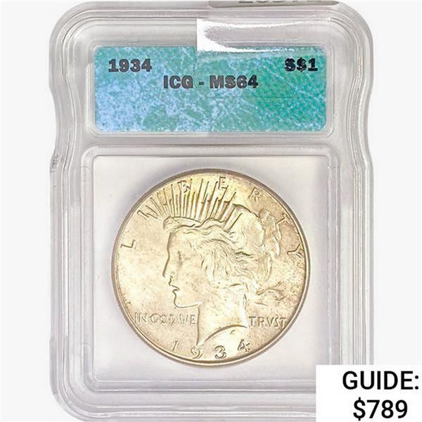 1934 Silver Peace Dollar ICG MS64