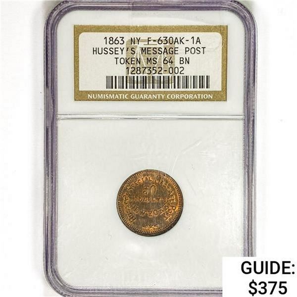 1863 NY Token F-630AK-1A NGC MS64 BN