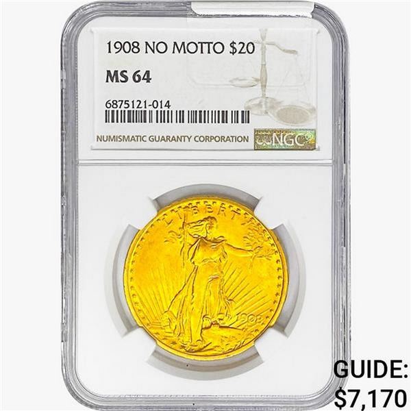 1908 $20 Gold Double Eagle NGC MS64 No Motto