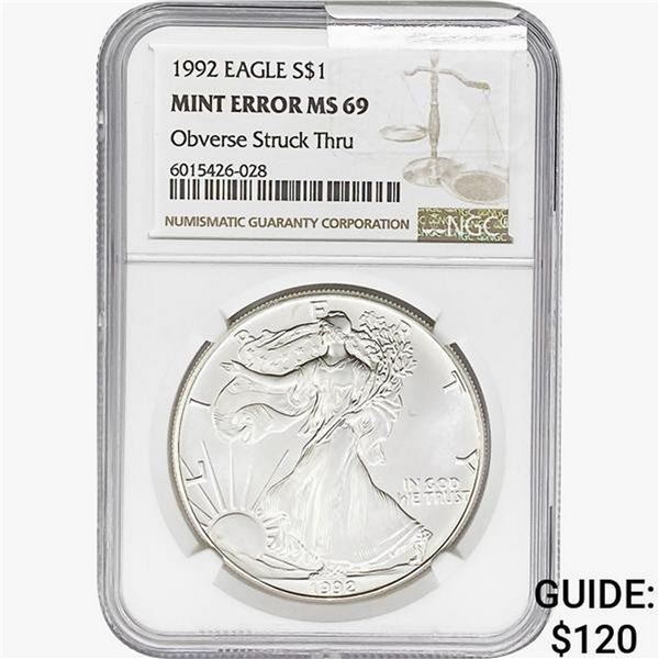 1992 Silver Eagle NGC MS69 OBV Struck Thru Mint Er