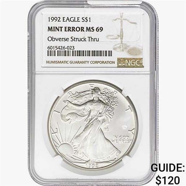 1992 Silver Eagle NGC MS69 OBV Struck Thru Mint Er