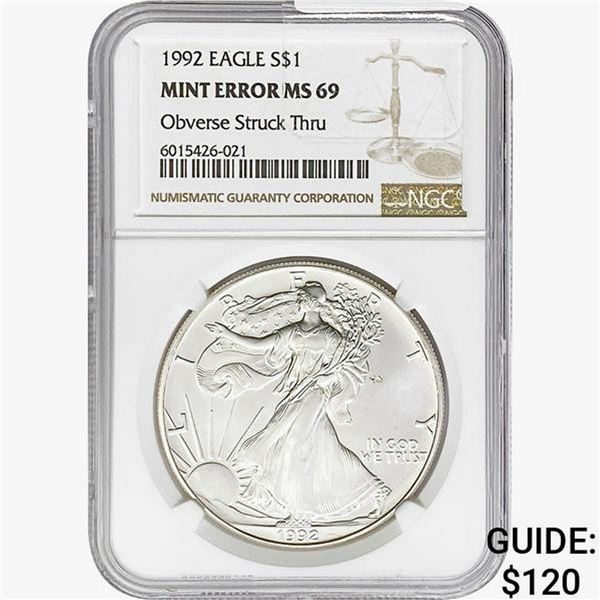 1992 Silver Eagle NGC MS69 OBV Struck Thru Mint Er