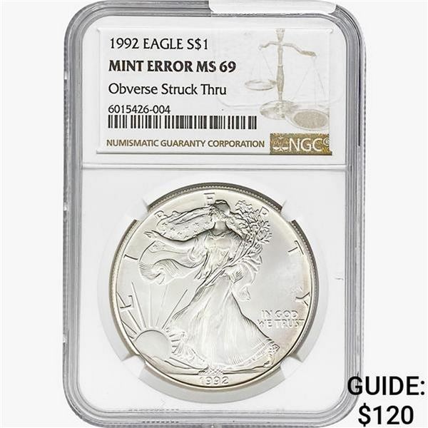 1992 Silver Eagle NGC MS69 OBV Struck Thru Mint Er