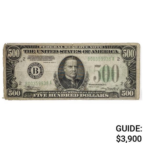 FR. 2202-B 1934-A $500 FIVE HUNDRED DOLLARS FRN FEDERAL RESERVE NOTE NEW YORK, NY