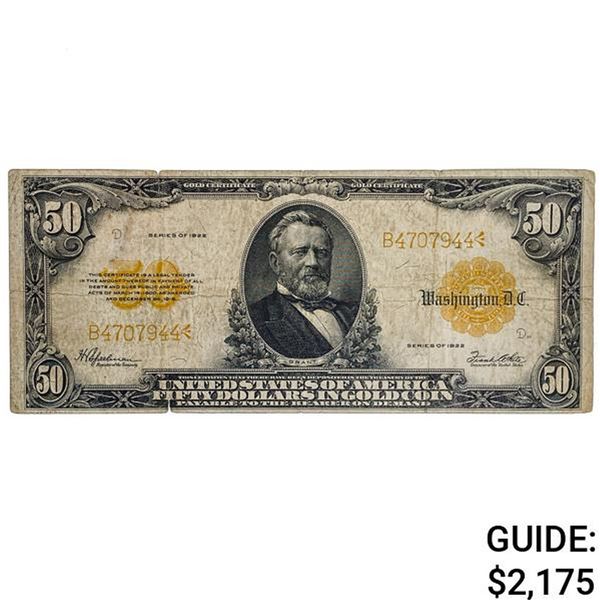 FR. 1200 1922 $50 FIFTY DOLLARS GRANT GOLD CERTIFICATE CURRENCY NOTE VERY FINE