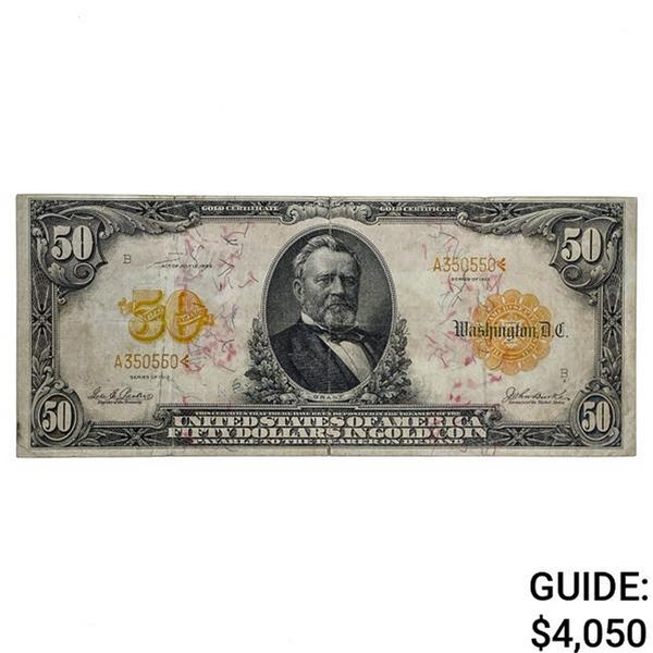 FR. 1198 1913 $50 FIFTY DOLLARS GRANT GOLD CERTIFICATE CURRENCY NOTE VERY FINE SCARCE