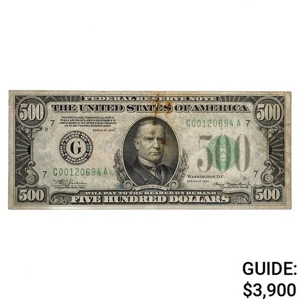FR. 2201-G 1934 $500 FIVE HUNDRED DOLLARS FRN FEDERAL RESERVE NOTE CHICAGO, IL VERY FINE