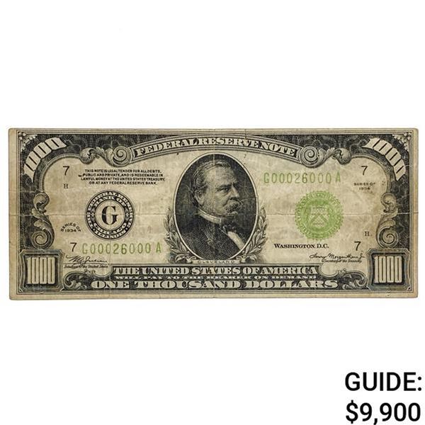 FR. 2211-G 1934 $1,000 LIGHT GREEN SEAL FRN FEDERAL RESERVE NOTE CHICAGO, IL VERY FINE FANCY SERIAL 