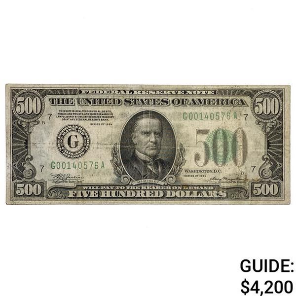 FR. 2201-G 1934 $500 FIVE HUNDRED DOLLARS FRN FEDERAL RESERVE NOTE CHICAGO, IL VERY FINE
