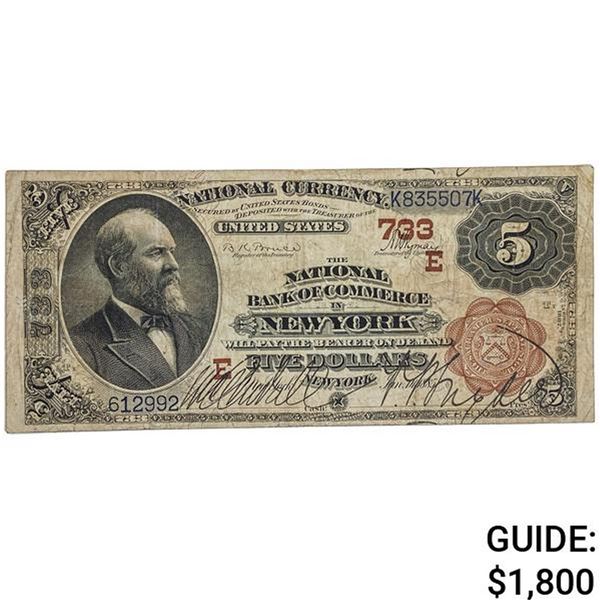 1882 $5 BB THE NATIONAL BANK OF COMMERCE IN NEW YORK, NY NATIONAL CURRENCY CH. #733 VERY FINE