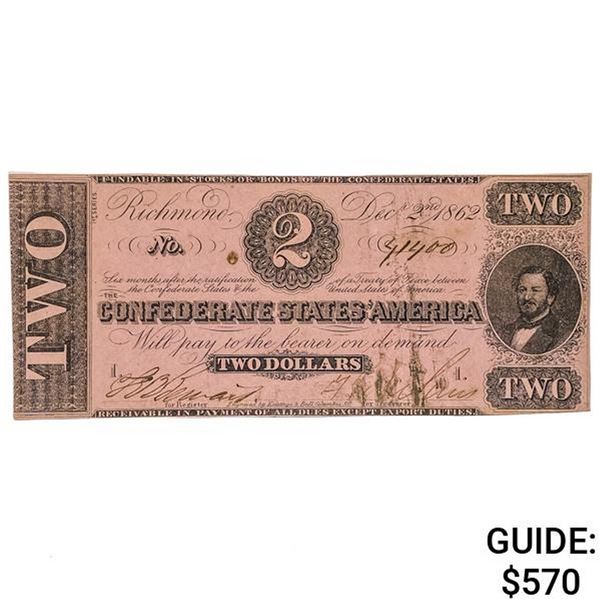 T-54 1862 $2 TWO DOLLARS JUDAH BENJAMIN CSA CONFEDERATE STATES OF AMERICA CURRENCY NOTE UNCIRCULATED