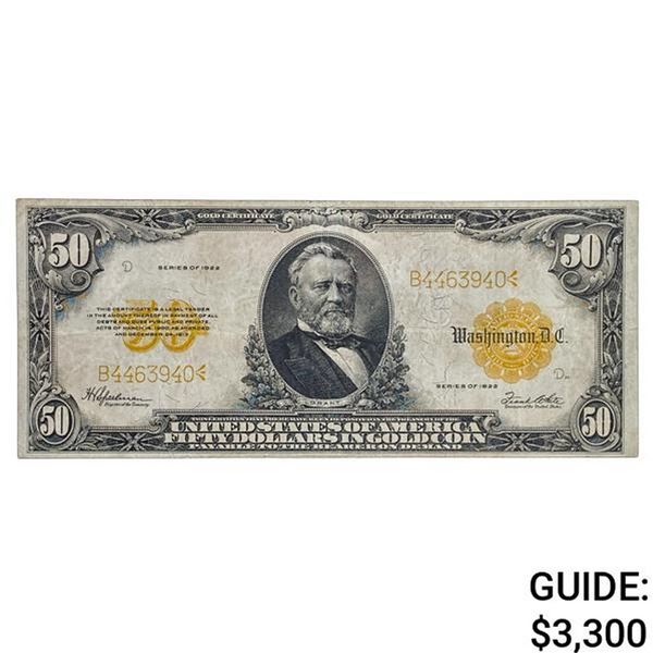 FR. 1200 1922 $50 FIFTY DOLLARS GRANT GOLD CERTIFICATE CURRENCY NOTE VERY FINE+