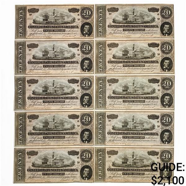 (10) CONSECUTIVE T-67 1864 $20 TWENTY DOLLARS CSA CONFEDERATE STATES OF AMERICA NOTES UNCIRCULATED