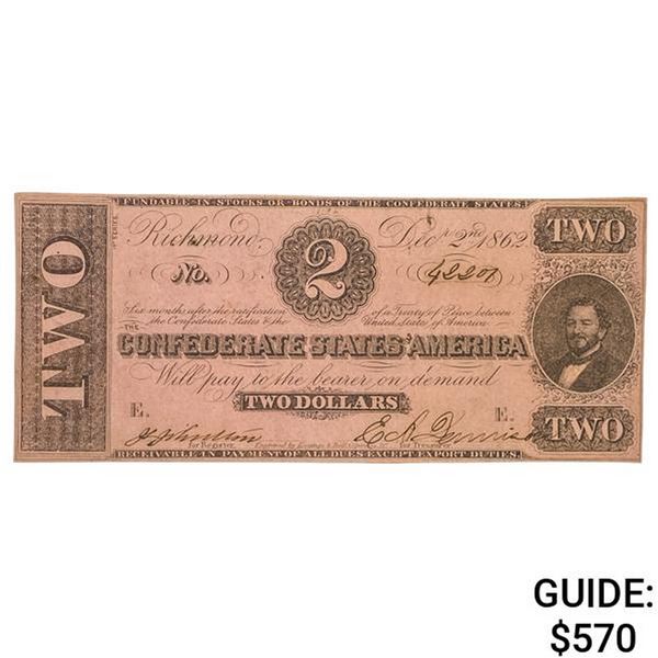 T-54 1862 $2 TWO DOLLARS JUDAH BENJAMIN CSA CONFEDERATE STATES OF AMERICA CURRENCY NOTE UNCIRCULATED