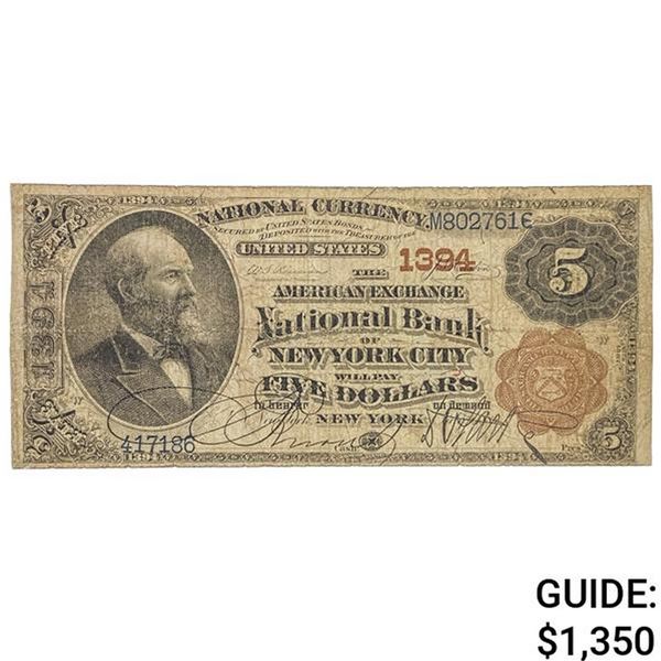 1882 $5 BB THE AMERICAN EXCHANGE NATIONAL BANK OF NEW YORK CITY, NY NATIONAL CURRENCY CH. #1394