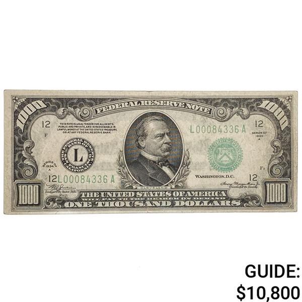 FR. 2212-L 1934-A $1,000 ONE THOUSAND DOLLARS FRN FEDERAL RESERVE NOTE SAN FRANCISCO, CA ABOUT UNCIR