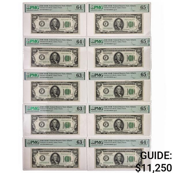 (10) CONSECUTIVE 1934-B $100 FRN FEDERAL RESERVE NOTES ATLANTA, GA PMG UNCIRCULATED-63/64/65EPQ