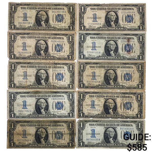 LOT OF (10) 1934 $1 ONE DOLLAR FUNNYBACK SILVER CERTIFICATES VERY GOOD - VERY FINE