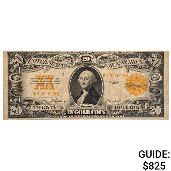 FR. 1187 1922 $20 TWENTY DOLLARS GOLD CERTIFICATE CURRENCY NOTE VERY FINE+