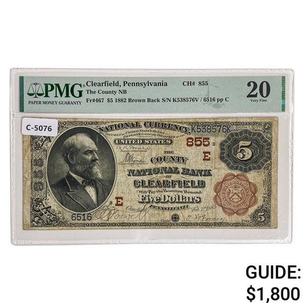 1882 $5 BB THE COUNTY NATIONAL BANK OF CLEARFIELD, PA NATIONAL CURRENCY CH. #855 PMG VERY FINE-20