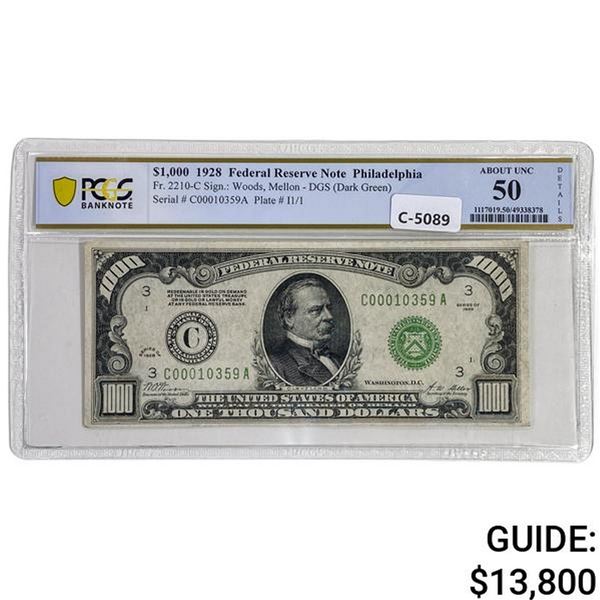 FR. 2210-C 1928 $1,000 GOLD ON DEMAND FRN PHILADELPHIA, PA PCGS BANKNOTE ABOUT UNCIRCULATED-50