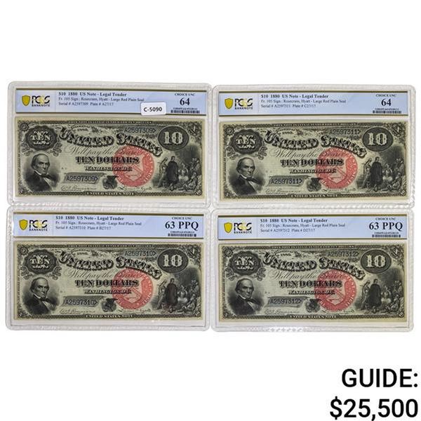 CUT SHEET OF (4) CONSECUTIVE FR. 105 1880 $10 JACKASS LEGAL TENDER USN'S PCGS BA