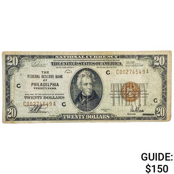 FR. 1870-C 1929 $20 FRBN FEDERAL RESERVE BANK NOTE PHILADELPHIA, PA VERY FINE