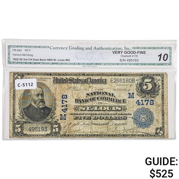 1902 $5 THE NATIONAL BANK OF COMMERCE IN ST. LOUIS, MO NATIONAL CURRENCY CH. #4178 CGA VERY GOOD-10